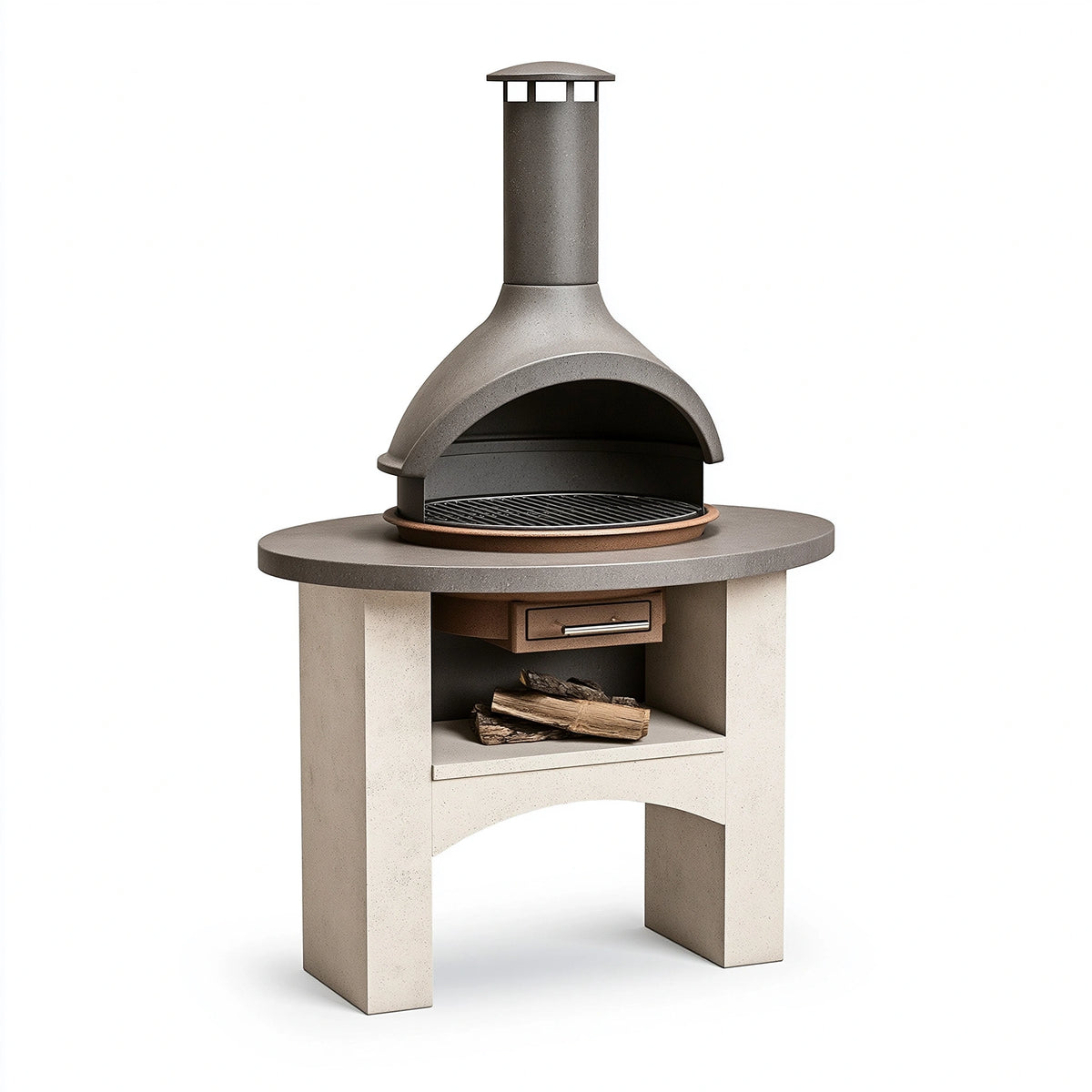 Gartenkamin Ø120 cm Beton Grau mit Grillrost und Holzfach