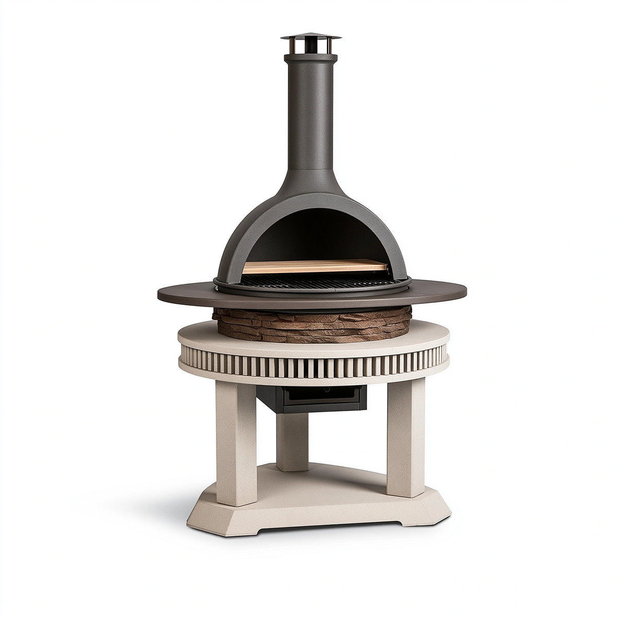 Garten-Pizzaofen 95 cm Metall Stein Schwarz Grau - Holzfeuerung mit Kamin und Grillrost