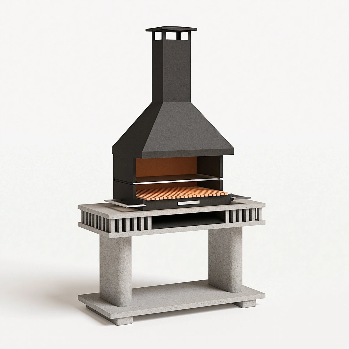 Gartengrill 120 x 70 x 220 cm aus Beton und Stahl in Schwarz Grau mit Kaminhaube