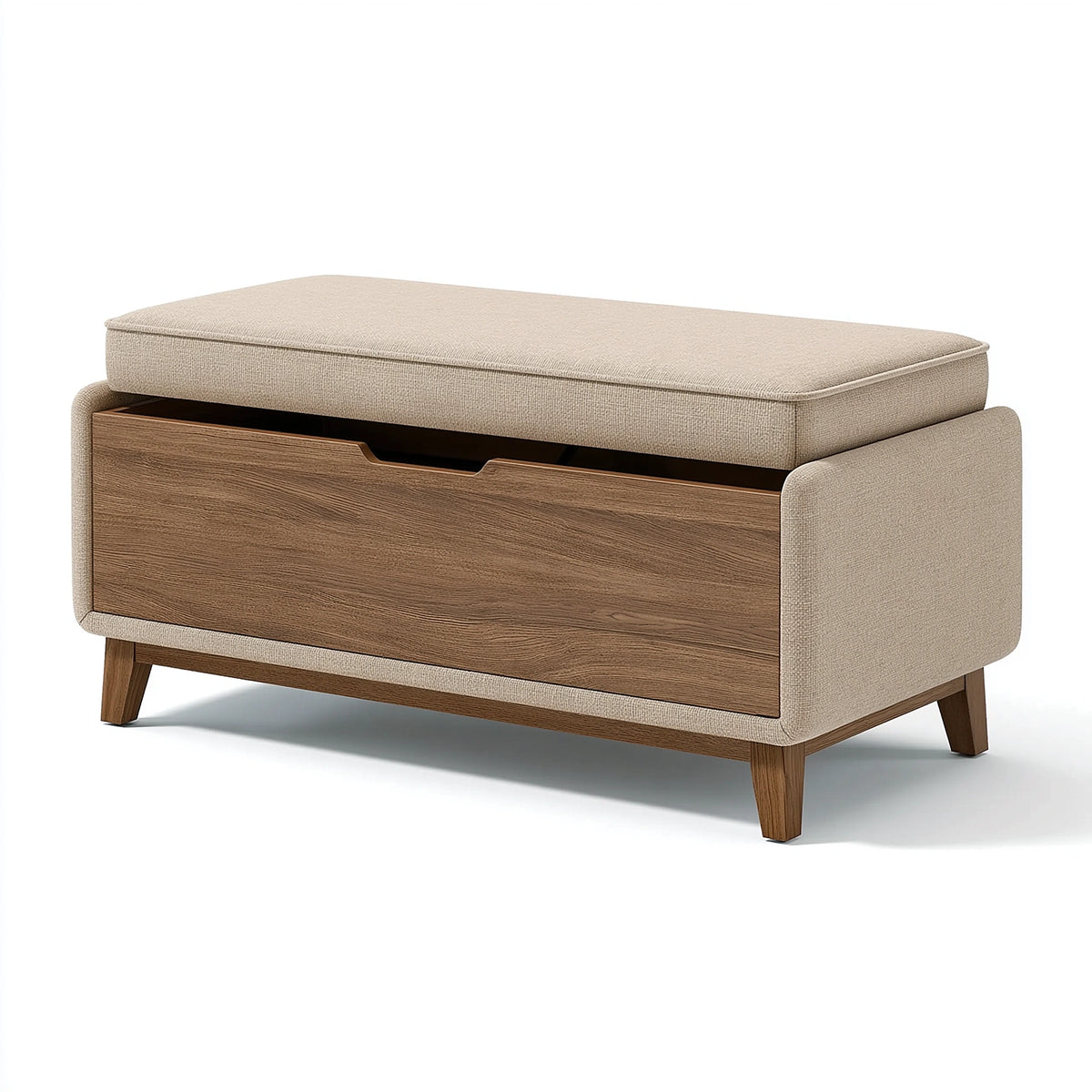 Sitzbank 100 cm Beige Braun mit Stoffpolsterung und Holzschublade