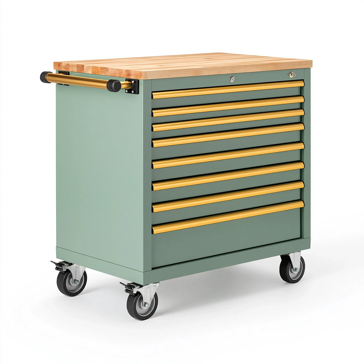 Werkzeugwagen 77 x 46 x 97 cm aus Stahl Grün mit Holzarbeitsplatte und 7 Schubladen