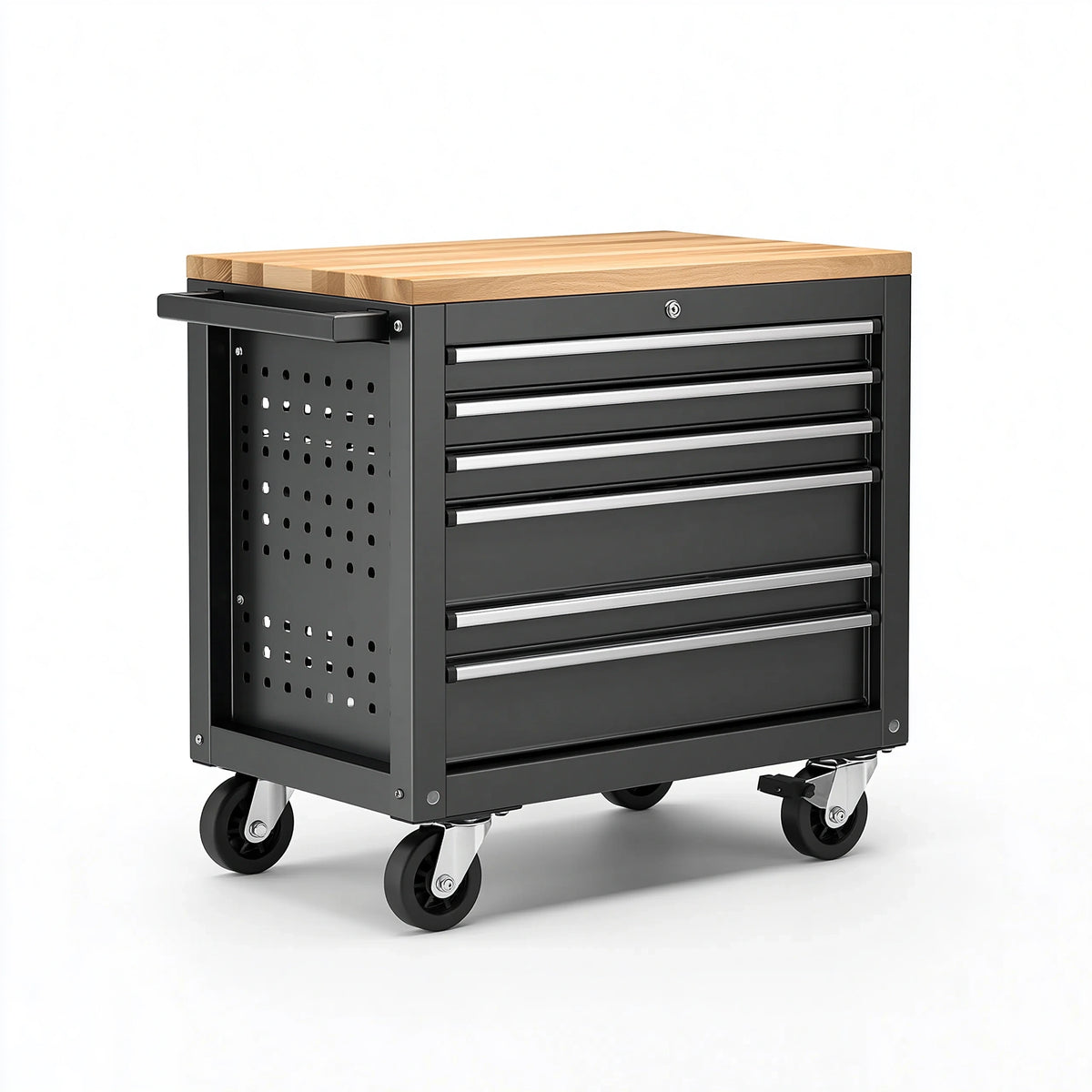 Werkstattwagen 75 x 46 x 92 cm Stahl Schwarz Naturholz mit 6 Schubladen Rollen
