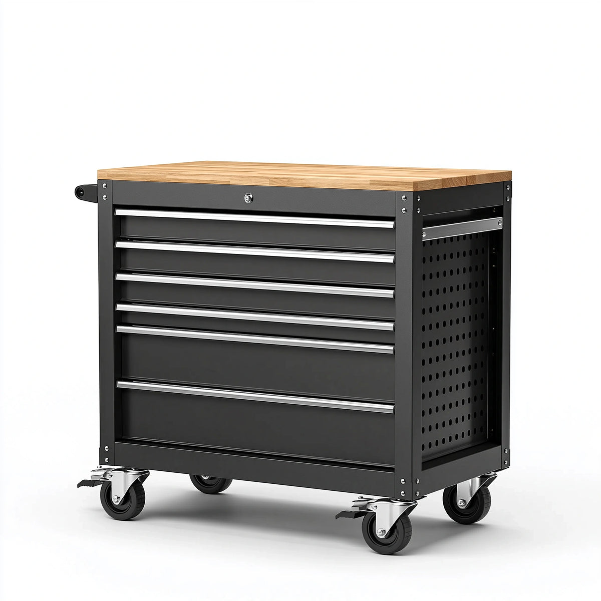 Werkzeugwagen 77 x 46 x 95 cm aus Stahl und Holz Schwarz Natur mit 7 Schubladen und Rollen