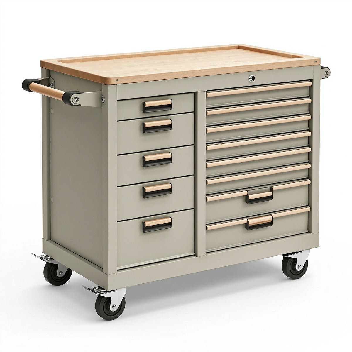 Werkzeugwagen 100 x 50 x 95 cm aus Metall und Holz in Graubeige mit 14 Schubladen